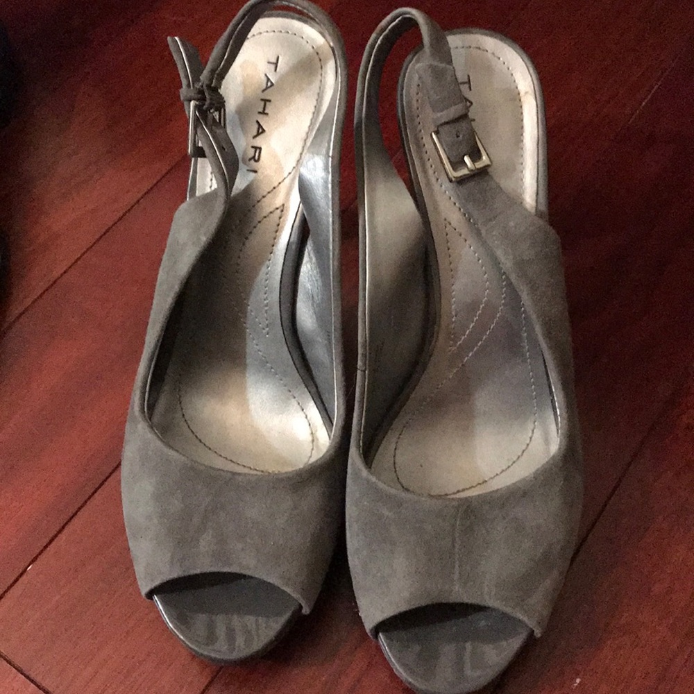 Gray suede strap heels